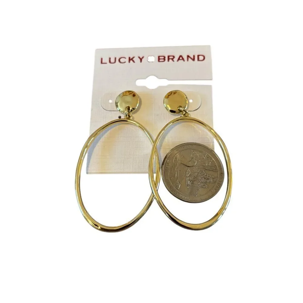 Front Facing Elongated Hoop Earrings in Bright Goldtone.